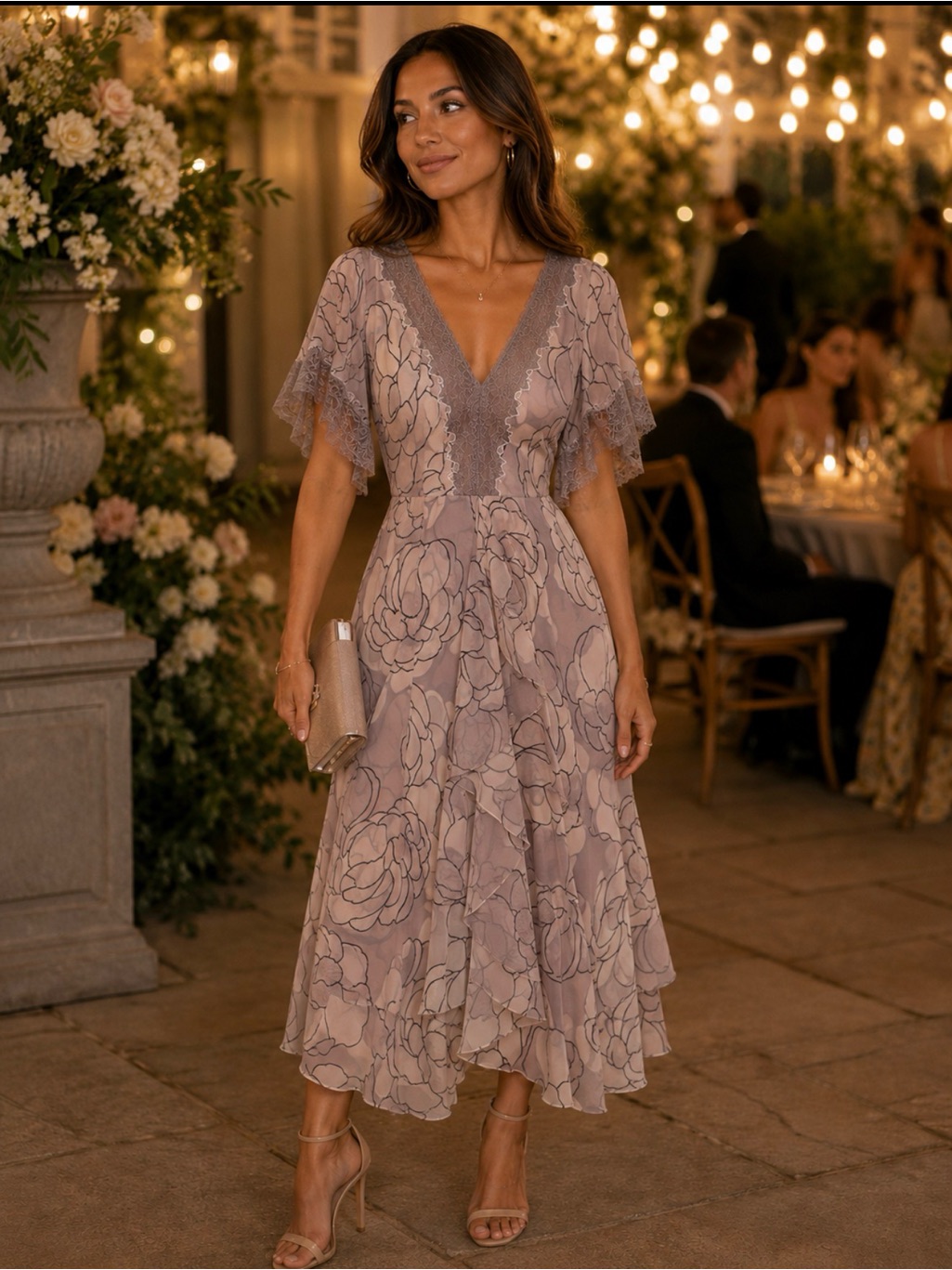 Ntw Bcbgmaxazria Floral Tiered Lace-Trim Midi Dress